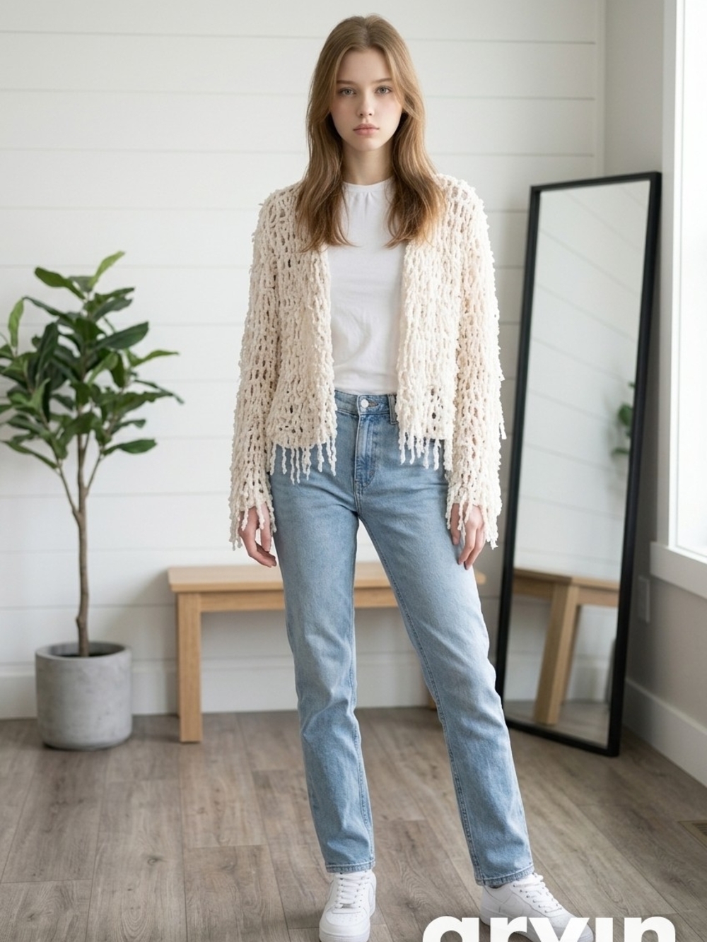 POL Cream Knit Fringe Cardigan